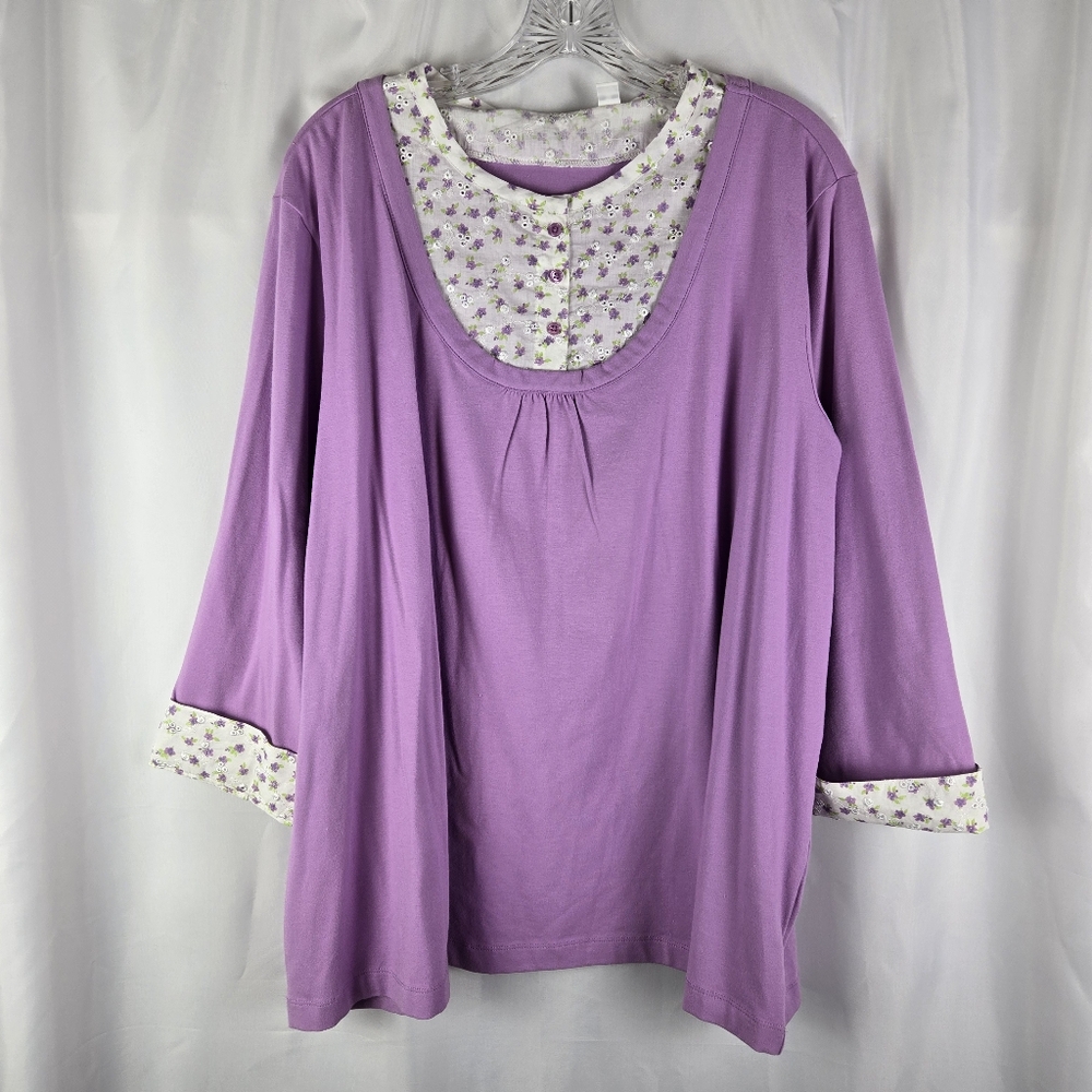 NEW Denim&Co D&Co Purple Floral Eyelet Button Layered Look Tunic Top Plus 3X